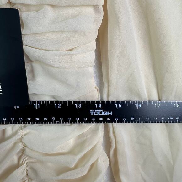 Cream Ruched Long Sleeve Mini Prom Dress Sheer Sleeves Square Neck‎ Bodycon Sz S - Picture 10 of 16